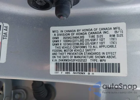 2015 Honda Cr-V Ex z USA, uszkodzony, nr VIN 2HKRM3H53FH552522